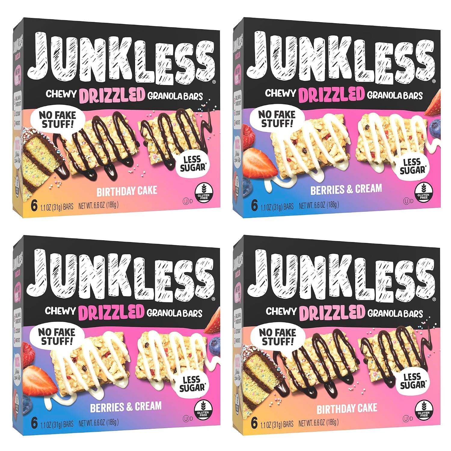 JUNKLESS Chewy Granola Bar 2‑Flavor Variety Pack (24 Bars)–Non‑GMO, Gluten‑Free, Less Sugar Snack Bars— Drizzled Birthday Cake & Berries & Cream, 4 Boxes