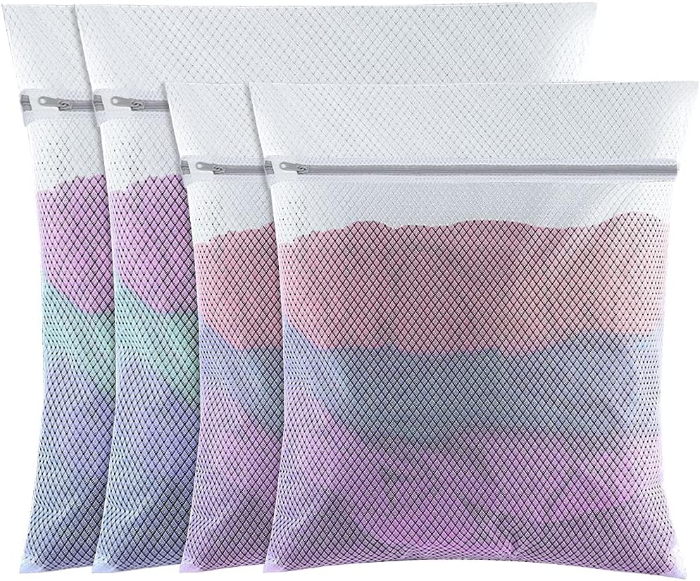 4 PCS Mesh Laundry Wash Bag, 60x50cm/50x40cm Large Fine Laundry Bags with Zips Reusable Washing Machine Wash Bag for Clothes, Socks, Underwear, Bra (L+M, White)