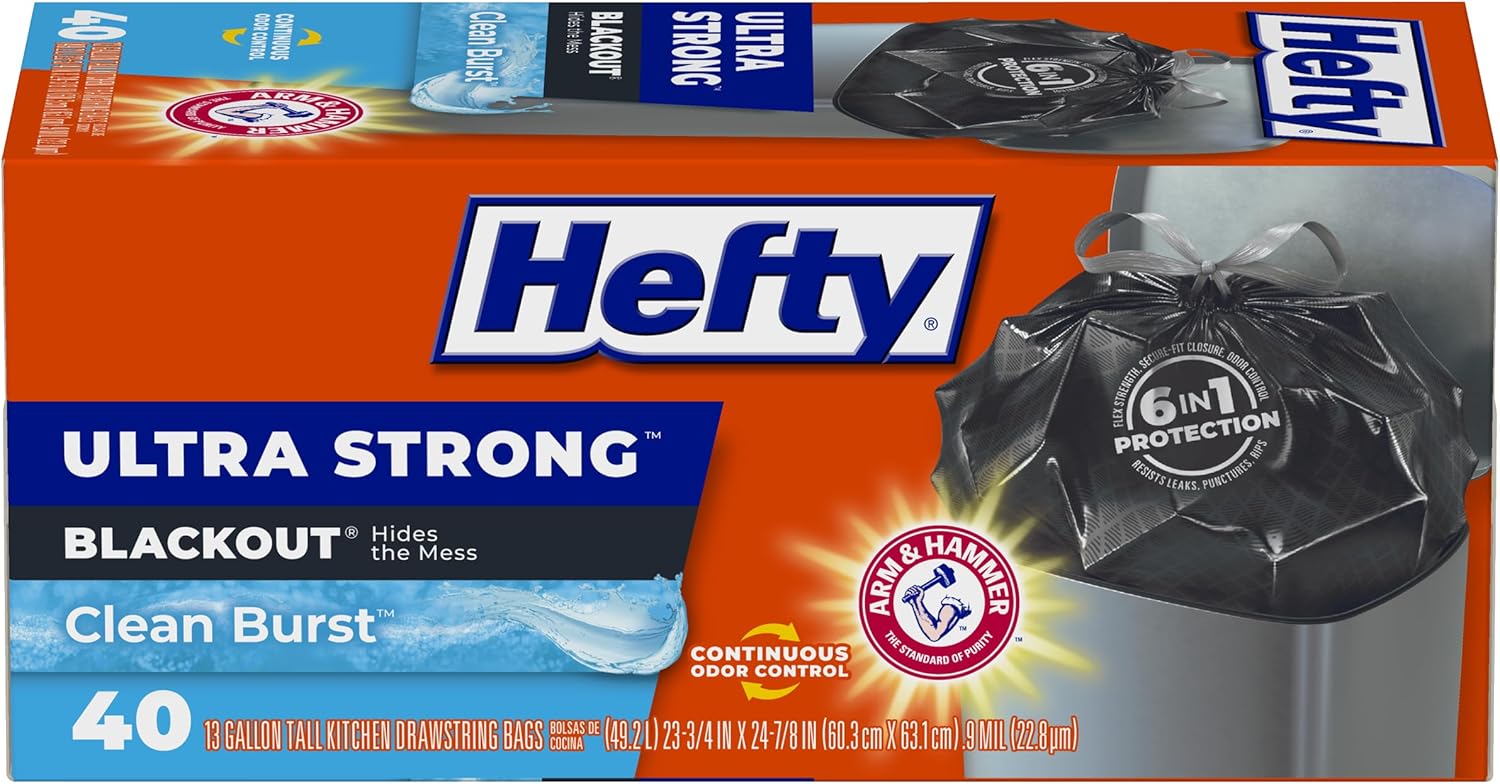 Hefty Ultra Strong 13 Gallon Trash Bags, Black Tall Kitchen Trash Bags 13 Gallon Size, Break Resistant Drawstring Enclosure, Continuous Odor Control, Blackout, Clean Burst Scent, 40 Bags