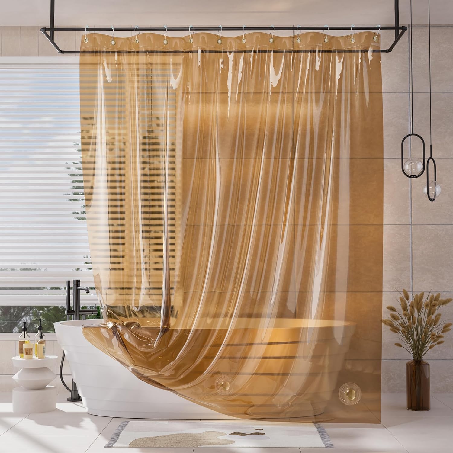 AmazerBath Shower Curtain Liner, 100% EVA Clear Orange Heavy Duty Shower Curtain and Liner 2-in-1, 72x72 Luxury Plastic Weighted Bathroom Shower Liner, 12 Rustproof Grommets & 3 Heavyweight Stones