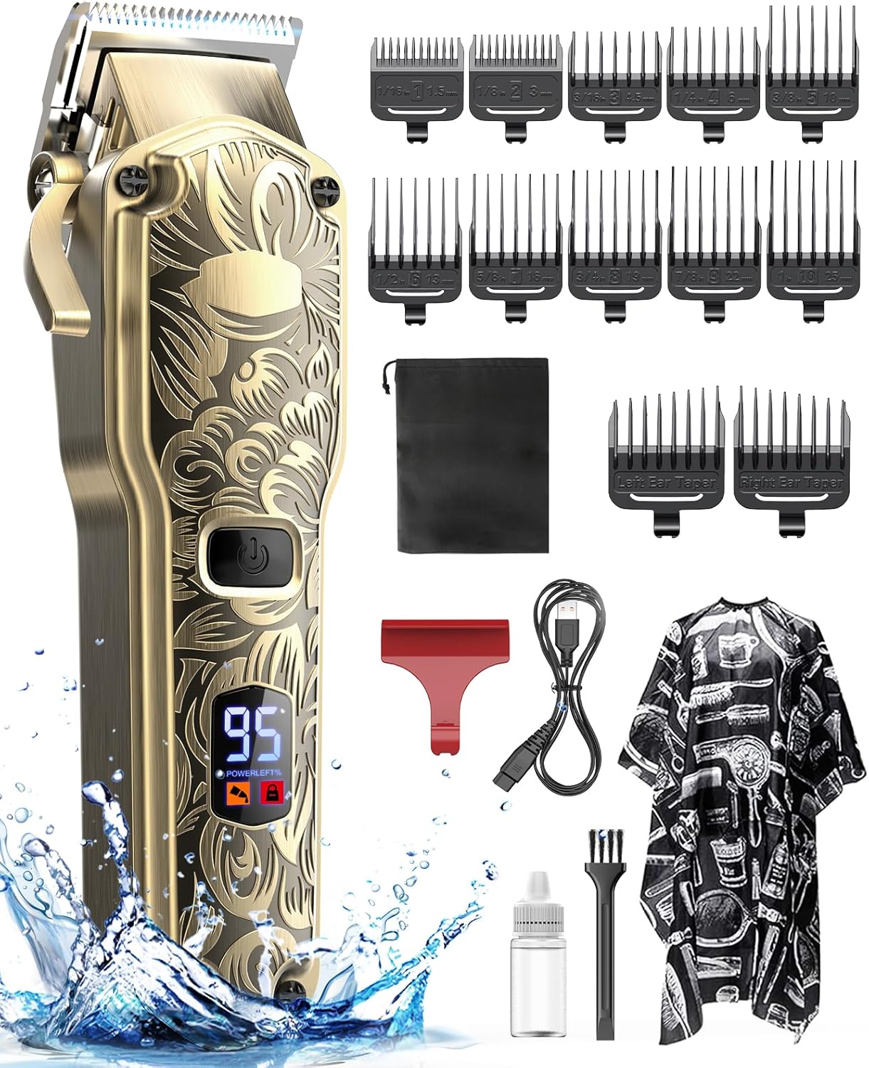 Hair Clippers for Men, Cordless Professional Hair Trimmer, IPX7 Waterproof Barber Clipper Kit with USB Rechargeable