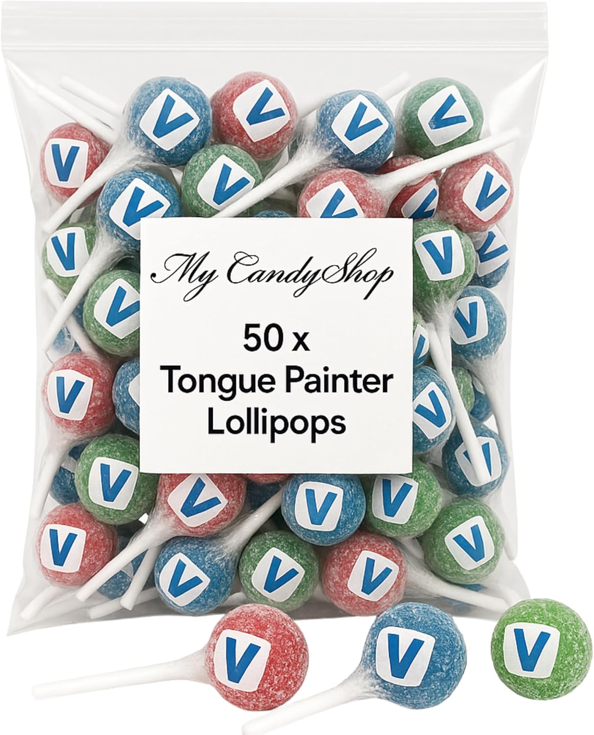 Tongue Painter Lollies - 50 Blue Raspberry Lollipops, Red & Green - Individually Wrapped Red, Green & Blue Lollies Sour Sweets - Halal sour lollipops - Children's party sweets - Fun Novelty lolly pops