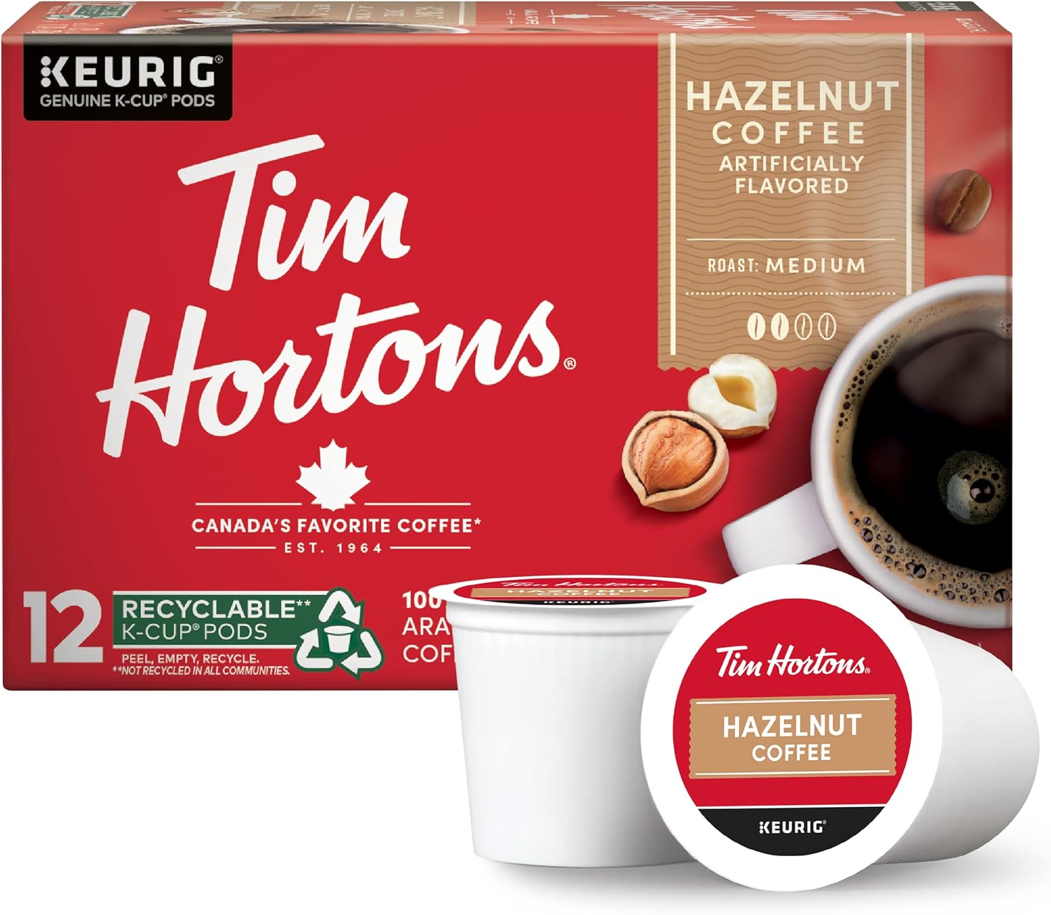 Tim Hortons Hazelnut Flavored, Medium Roast Coffee, Single-Serve K-Cup Pods Compatible with Keurig Brewers, 12ct K-Cups, Red