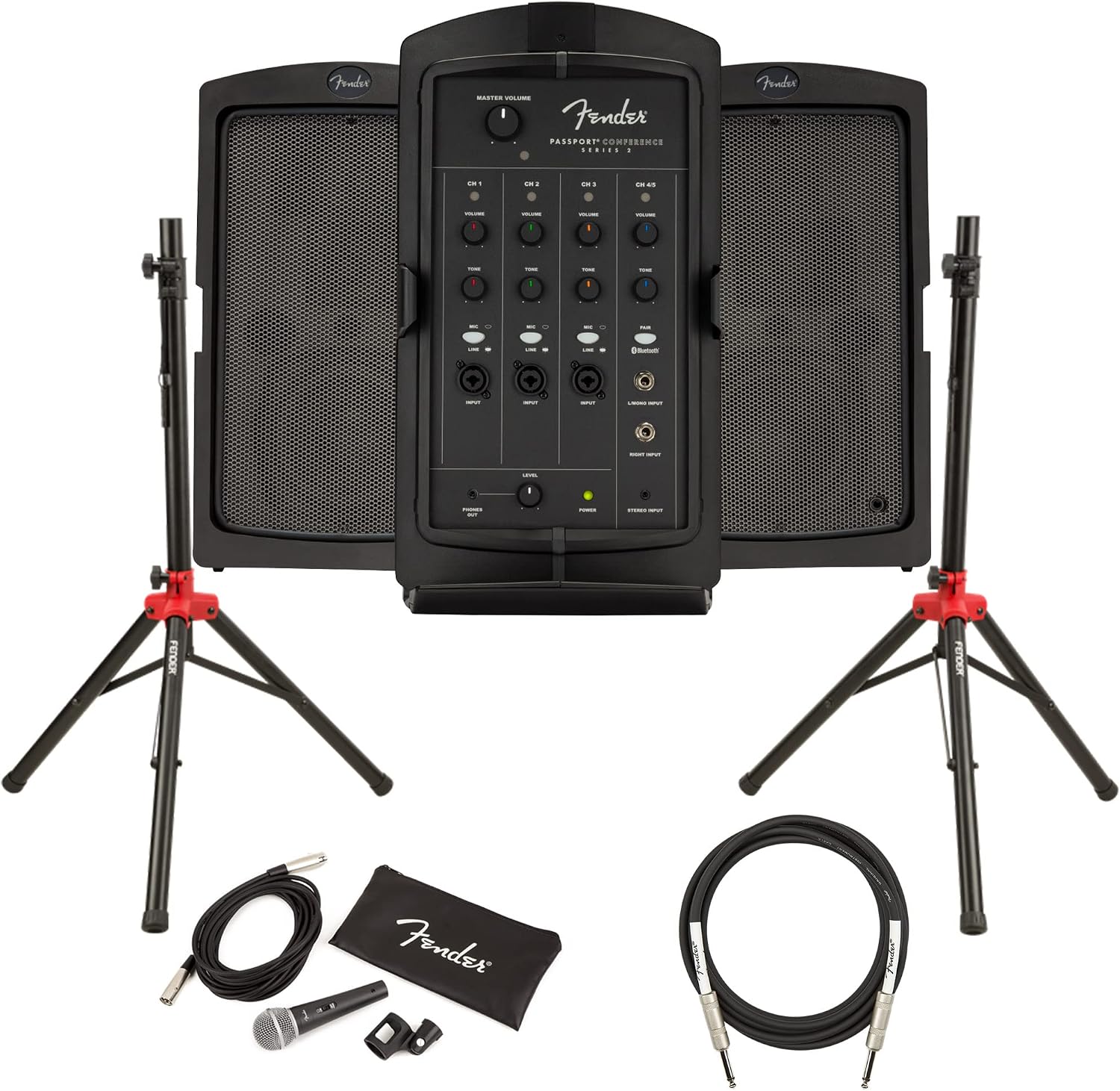 Fender Passport Conference S2 Portable PA System Bundle with Microphone, Compact Speaker Stands, XLR Cable, and Instrument Cable