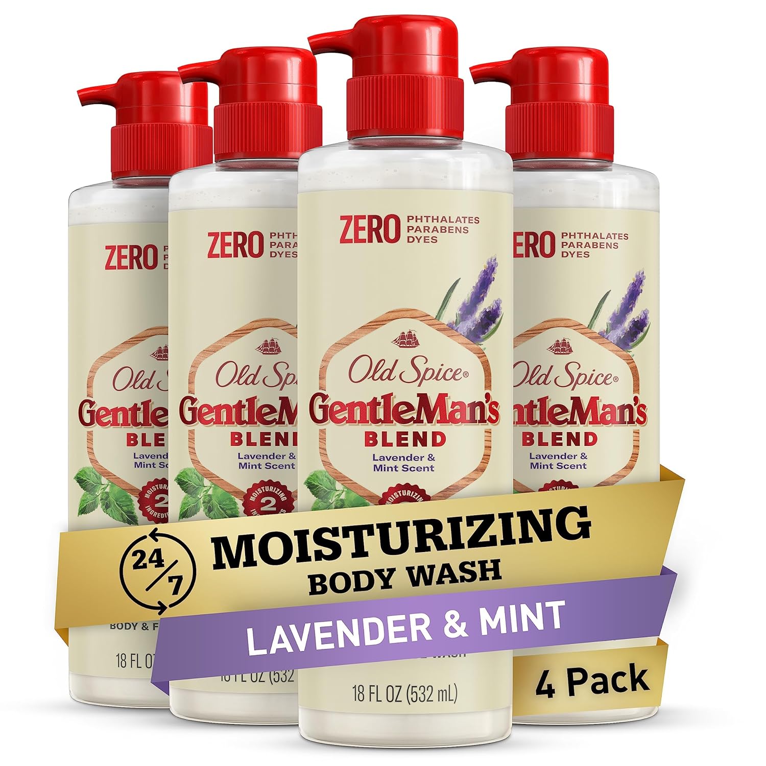 Old Spice GentleMan's Exfoliating & Moisturizing Body Wash for Men, 24/7 Shower Fresh with Long Lasting Scent, Renewing Vitamin B3 Blend, Lavender + Mint Scent, 18 oz (Pack of 4)