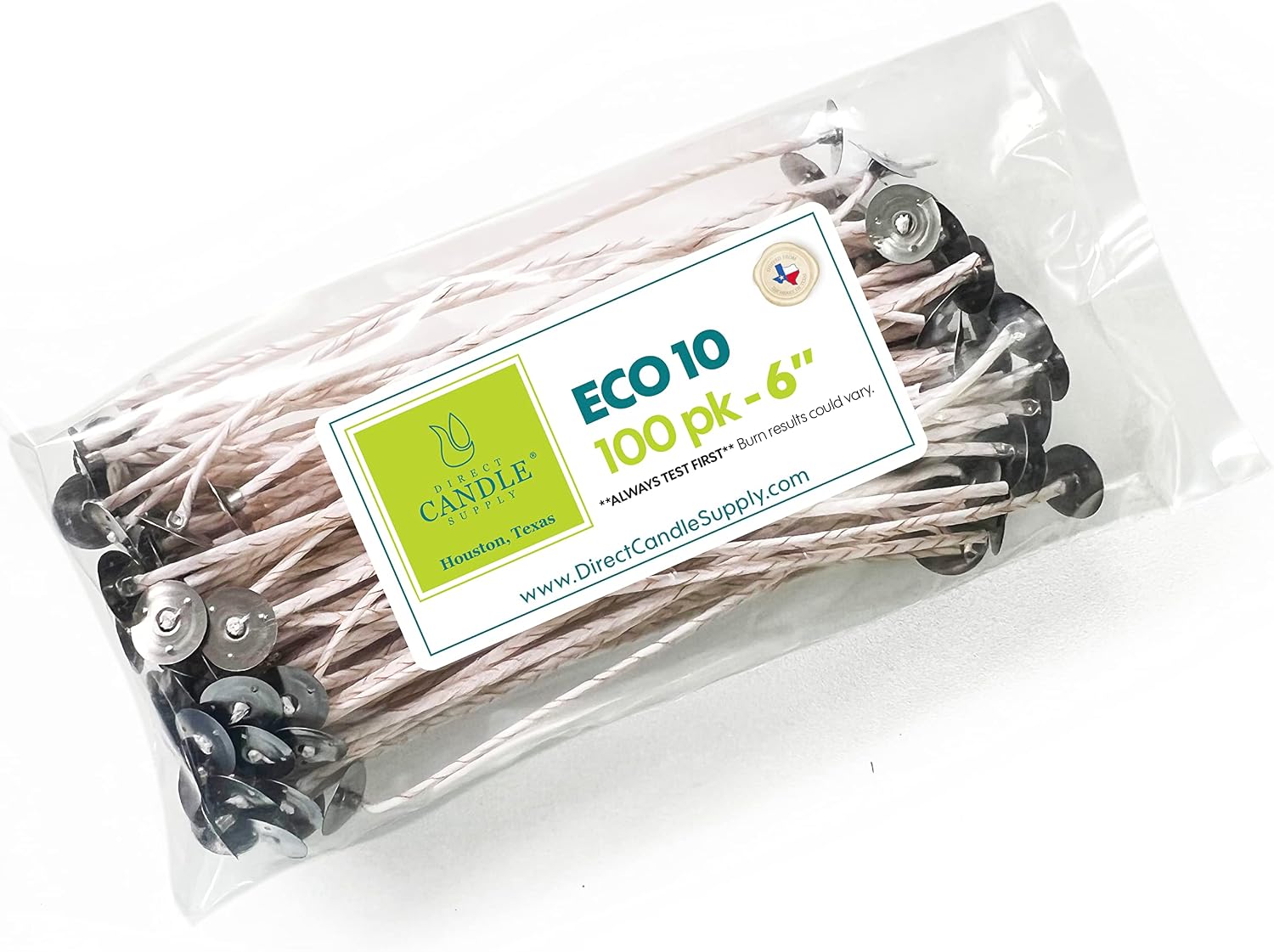 ECO 10 Wicks for Candle Making, 6 inch Pre-Waxed Wicks for Soy Candles with Base 100pk