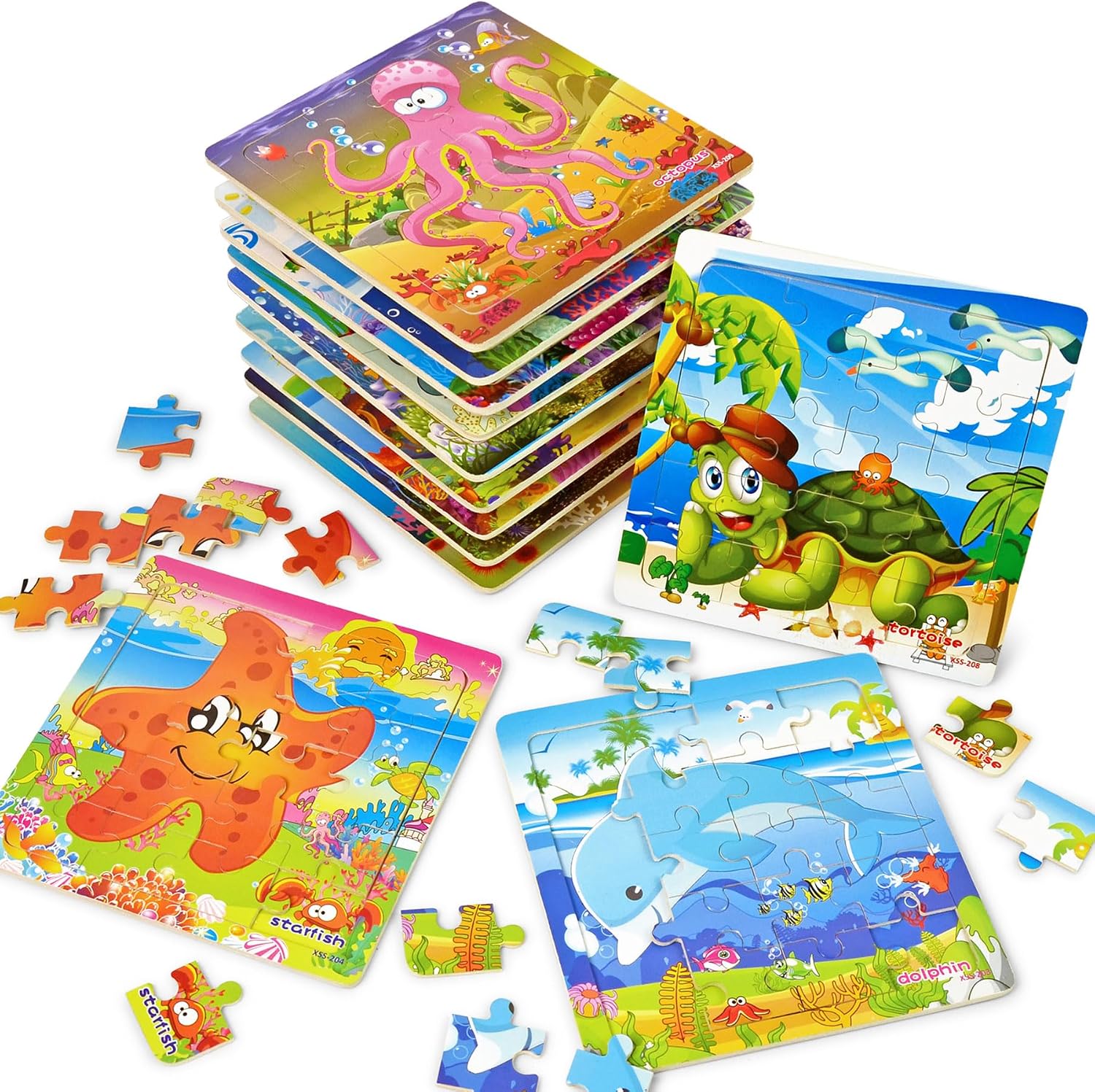 Vileafy Under The Sea Party Favors for Kids – 12 Pack Ocean Animal Wooden Puzzles with Gift Bags – 20-Piece Mini Jigsaw Toys for Boys & Girls Ages 4-8 – Birthday Return Gifts, Classroom Prizes