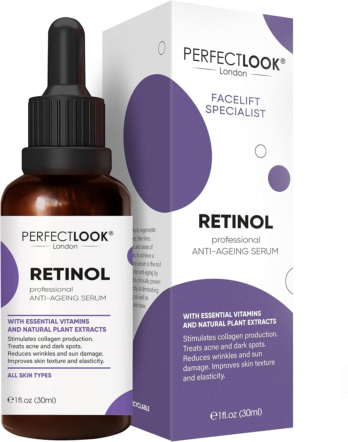 Perfect Look London Retinol Serum 0.25% with Hyaluronic Acid and Centella Asiatica, Advanced Anti Aging & Wrinkle, High Strength Formula with Vitamin A/Retinoid to Reduce Wrinkles & Acne 30ml