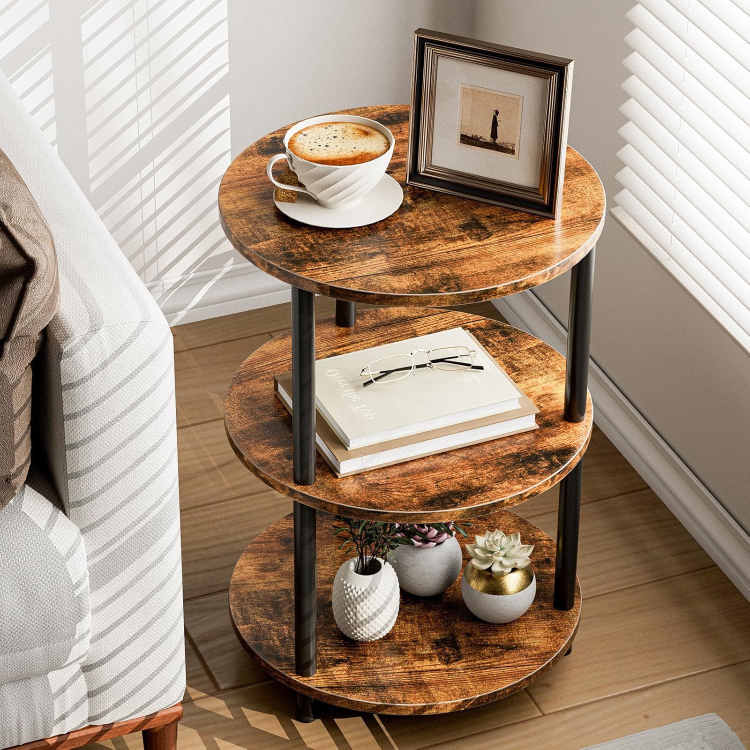 Small Round End Table - 3 Tier Design Accent Table, Narrow Side or Bedside Stand, Industrial Vintage Nightstand for Bedroom, Living Room, or Small Spaces, Rustic Brown