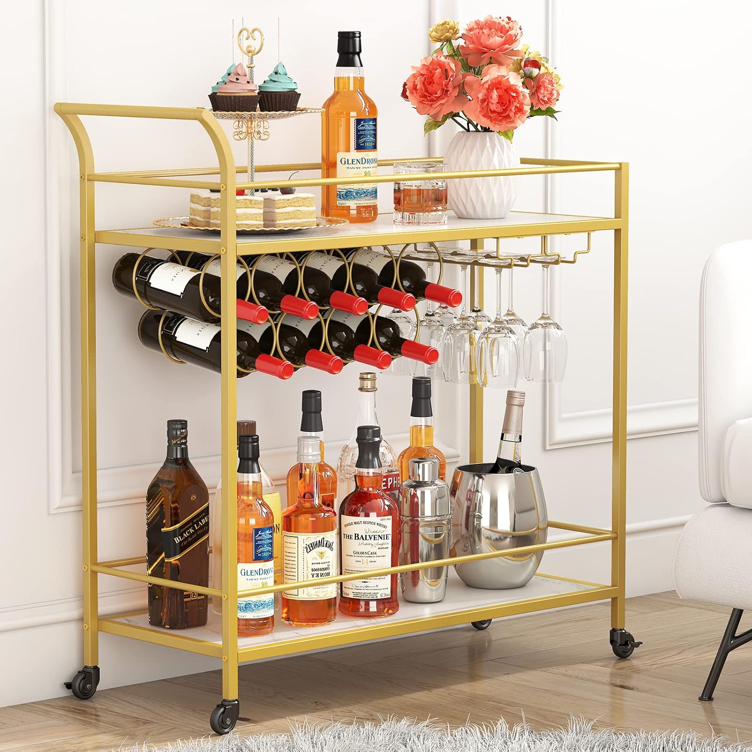 Lifewit Bar Cart, Home Bar Serving Cart, 2 Tier Drink Cart with 9 Wine Bottle Racks, Liquor Beverage Cart for Kitchen Dining Living Room Outdoor, 31.5" x 13" x 34.6", Gold