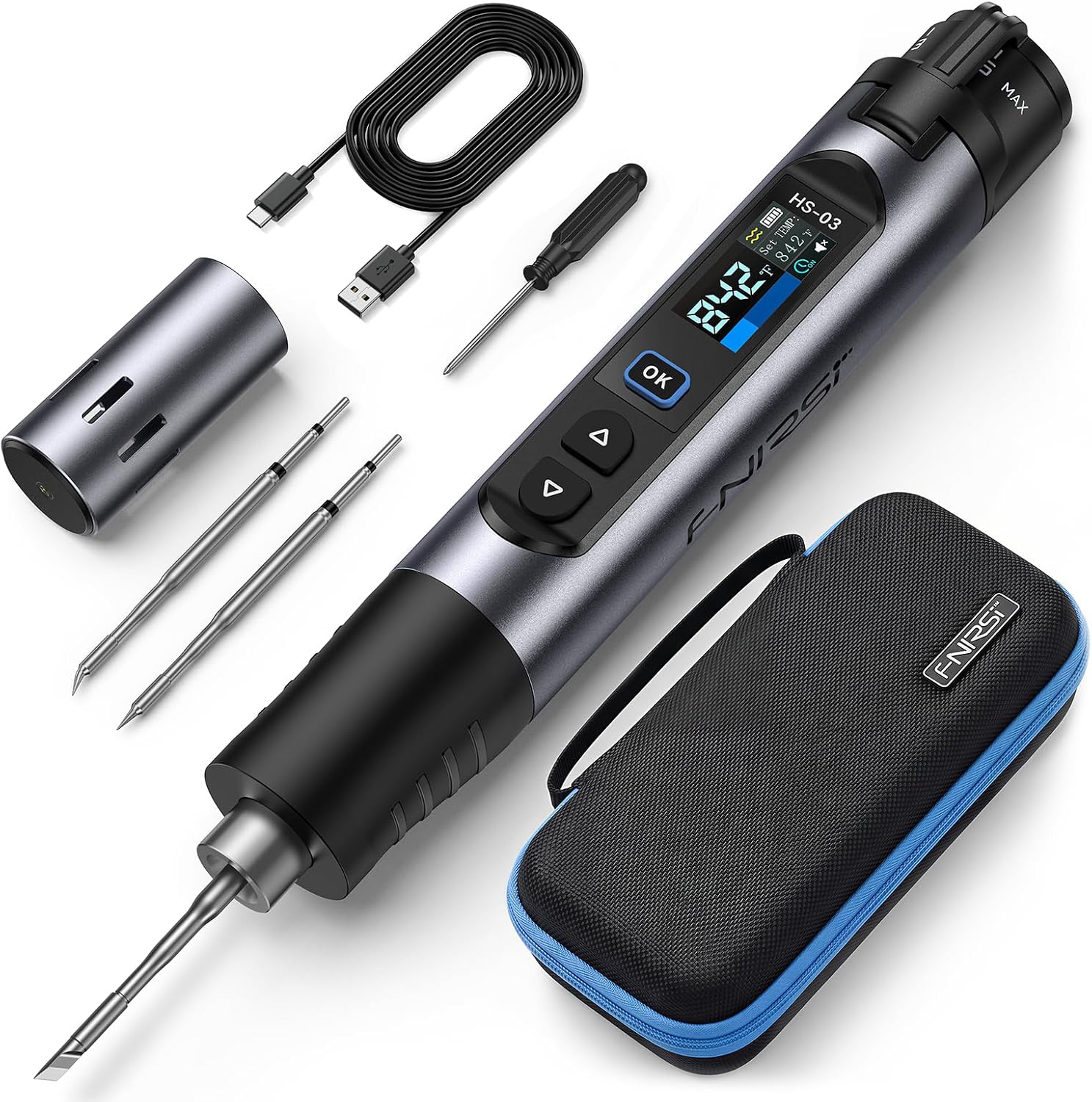 FNIRSI HS-03 Cordless Soldering Iron Kit, 2600mAh Battery, 3s Fast Heating | 212-842°F, 5 Preset Temp Levels, Auto Sleep, 0.96" IPS Display Portable Soldering Iron kit for Electronics Repair, DIY & PCB