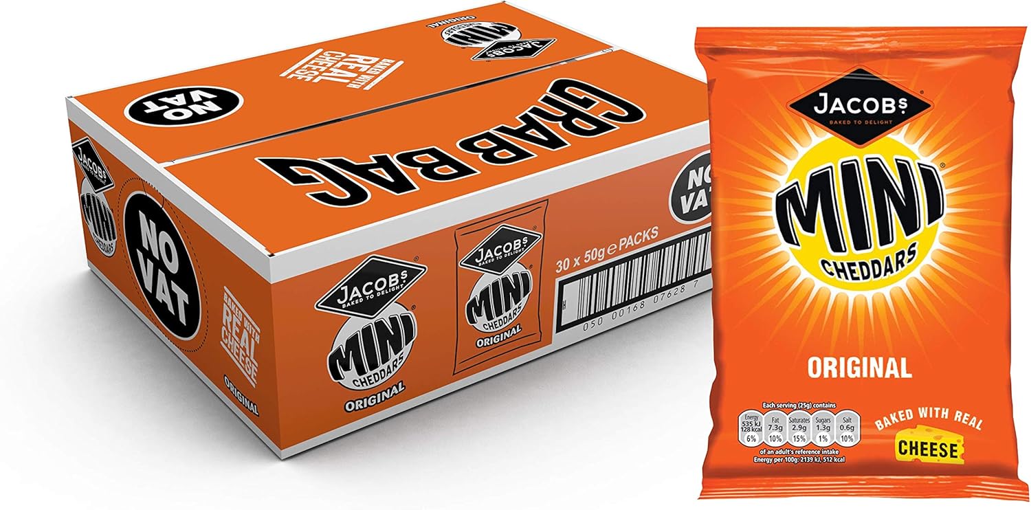 Jacob's Mini Cheddars Original Grab Bag Snacks, 50 g, Pack of 30