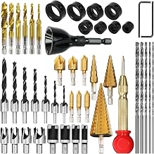 LAMPTOP 39-Pcs Woodworking Chamfer Drilling Tools Including Bolt-Deburring Tool, tap Drill bits, Long Twist Drill Bit Tool, 1/4" Hex Shank, Countersink Drill Bit Wood Plug Cutter, Woodworking Tools