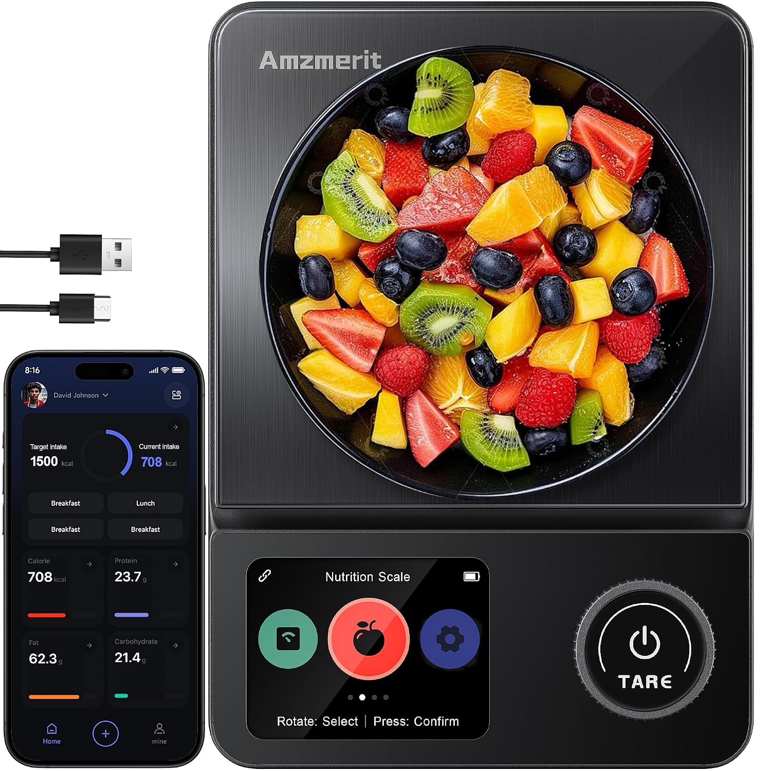 Smart Food Scale with Nutritional Calculator, USB Charging, 11lb | Free App with 27 Nutrients Tracking, Timer, 0.1g High Precision Kitchen scale, Digital Grams and Ounces for Weight Loss