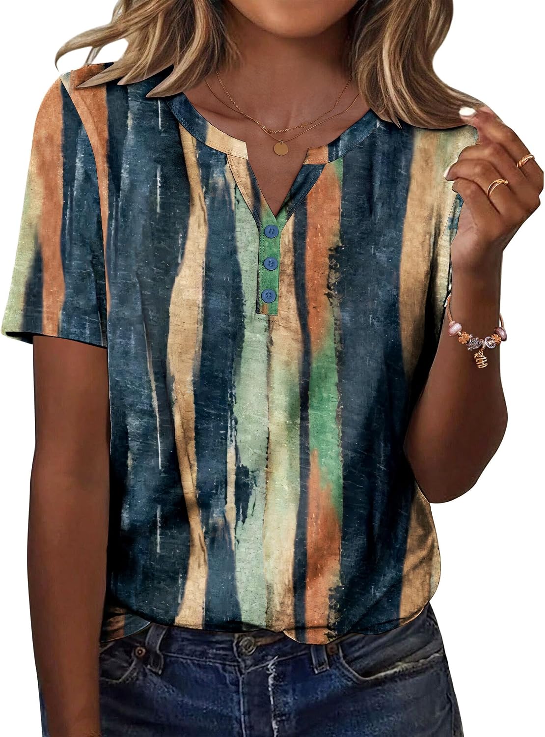 Zeagoo Women's Short Sleeve T Shirts V Neck Tunic Tops Summer Casual Loose Tee Floral Printed Blouse Shirt with Buttons S-XXL
