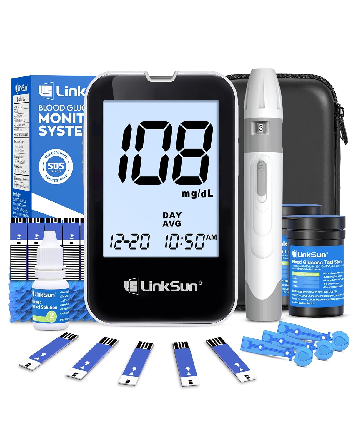 LinkSun Blood Sugar Testing Kit, 100 Strips & Lancets for Seniors, G-425-2V | High Accuracy Blood Glucose Monitor Kit, Large Display for Diabetes Lancing Device, Control Solution & Travel Organizer Bag