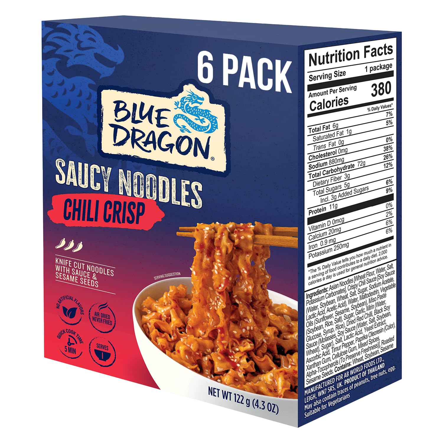 Blue Dragon Chili Crisp Saucy Noodles - 4.2oz (Pack of 6) - Knife Cut Thick Noodles w/Spicy Chili Crisp Sauce & Sesame Seed Garnish - Quick & Easy Meal w/Bold Spicy Asian Flavors - Vegetarian Friendly