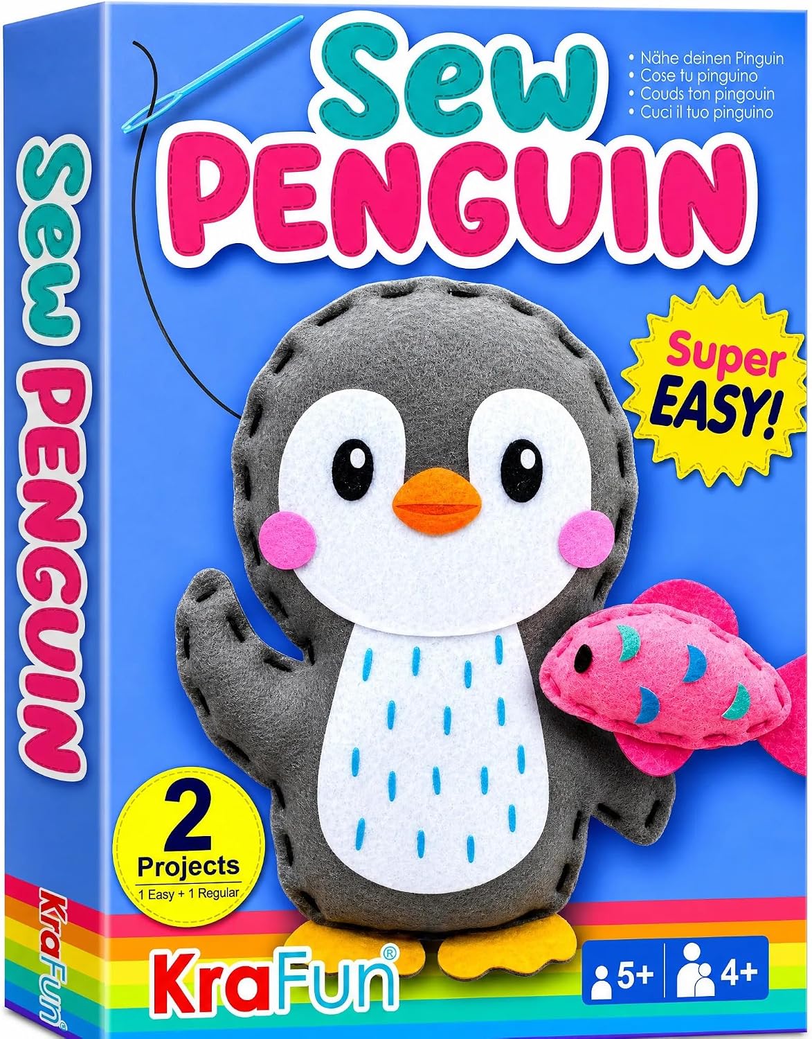 KRAFUN Beginner Sewing Kit, Sew Penguin & Fish, Pre-Cut Felt, Kids Ages 5+