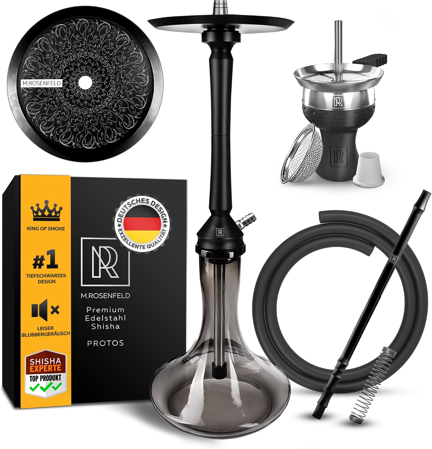 Black Hookah Set With Everything PROTOS – 30" Large Hookah with Vertical Purge, Black Hookah Bowl, Glass Vase, 59" Silicone Sisha Hose, and Ergonomic Mouthpiece - Hooka Set 1 Hose