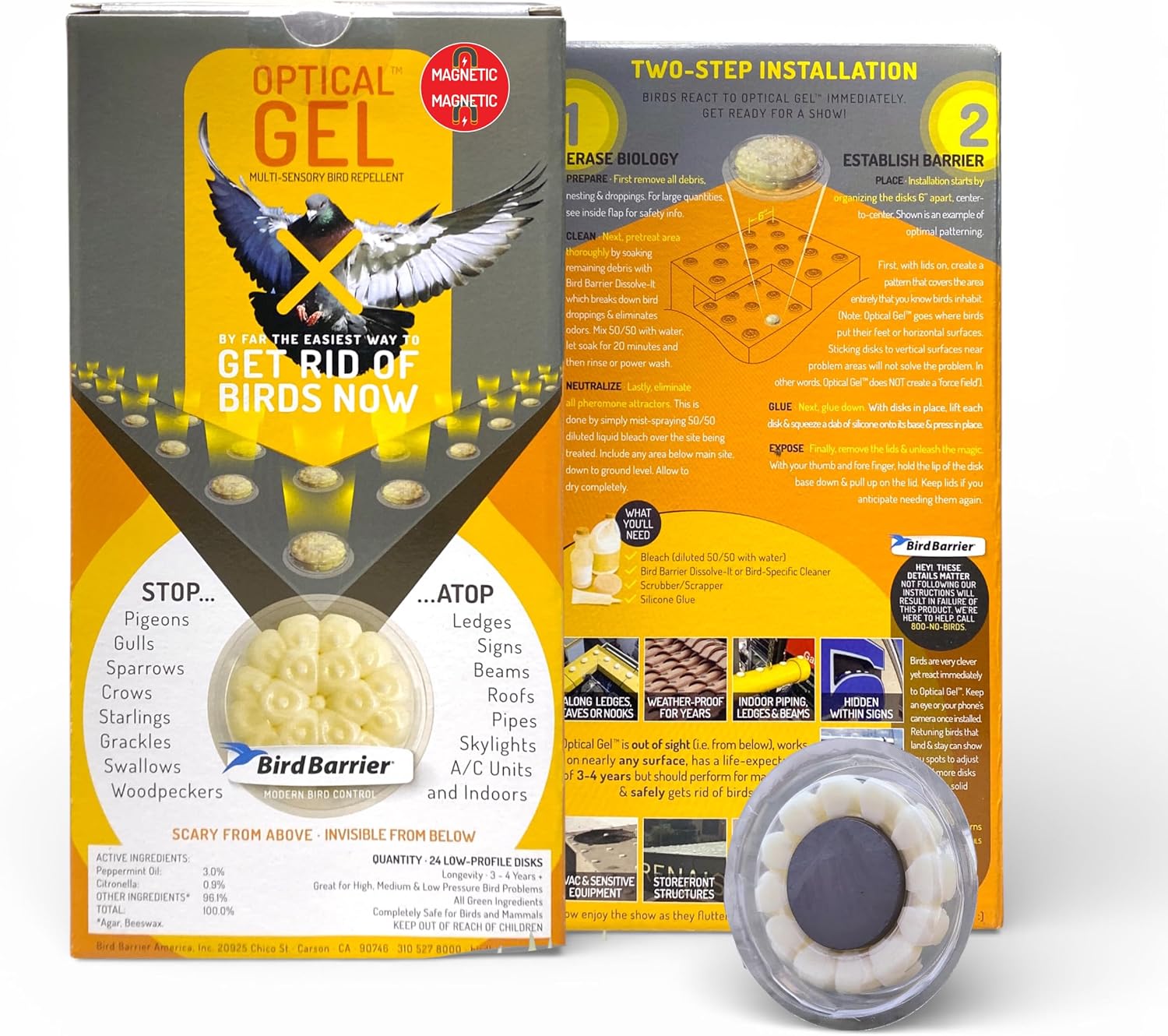 Bird Barrier Optical Gel MAG 24 Pack | Magnetic Bird Deterrent that Repels Birds & Helps Keep Birds Away | Natural Multi-Sensory Bird Repellent | for Metal Surfaces, Ledges, Railings, Signs & More