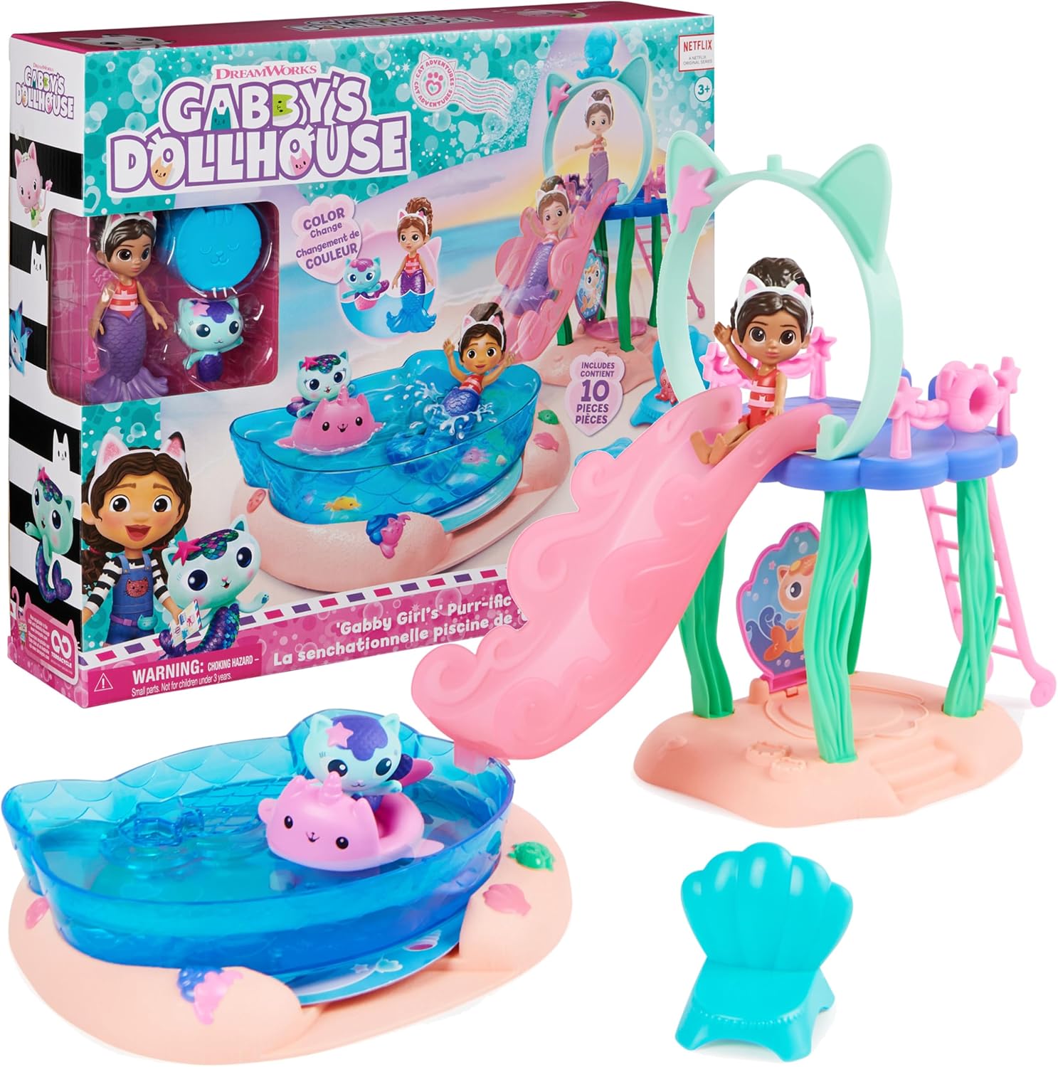 Gabby’s Dollhouse, Purr-ific Pool Playset with Gabby and MerCat Figures, Colour-Changing Mermaid Tails and Pool Accessories Kids’ Toys for Ages 3 and Up
