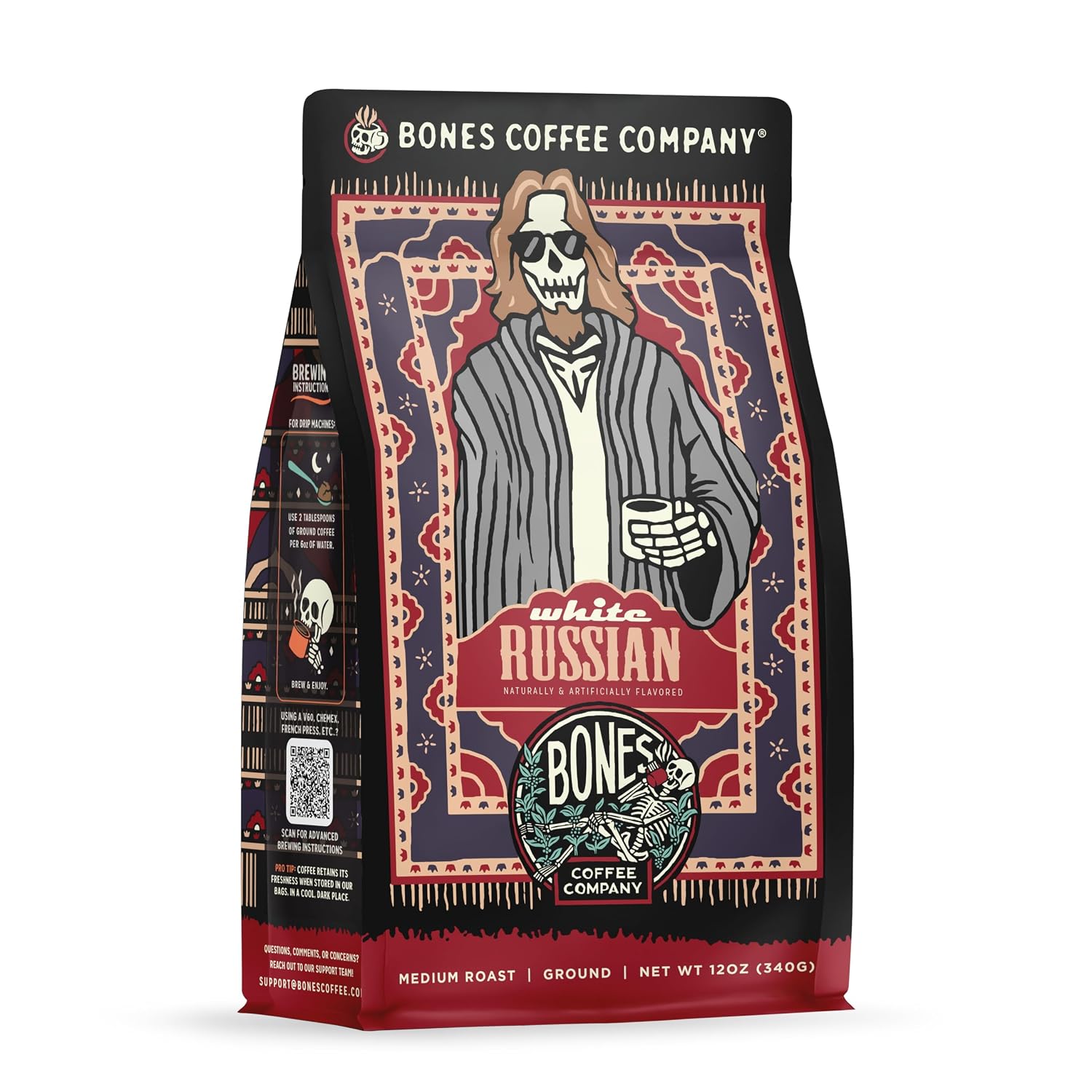 Bones Coffee Company White Russian, Cream and Cocktail Flavored Coffee, Medium Roast Low Acid Arabica Beans Compatible with Auto drip and French Press Coffee Maker, 12 Oz Ground