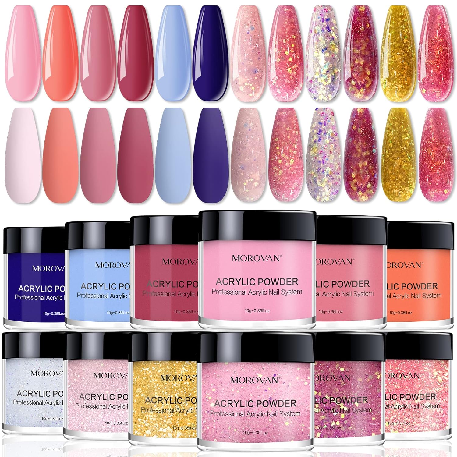 Morovan Acrylic Powder Set - 12 Colors Pure Color and Glitter Professional Polymer Nail Powder for Acrylic Nail Extension Carving