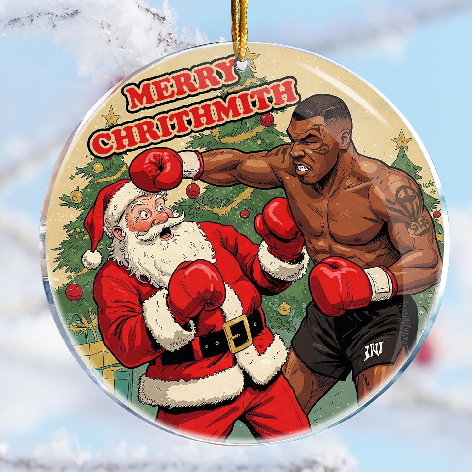 Merry Chrithmith - Mike Tyson vs Santa Funny Boxing - Christmas Ornaments - Christmas Decorations - 3.6 in Acrylic - Funny Gag Gifts - White Elephant - Stocking Stuffers