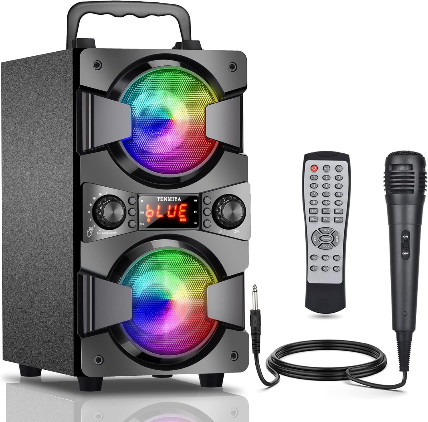 TENMIYA Bluetooth Speakers, 60W Portable Wireless Speaker with Lights, Microphone, Double Subwoofer Heavy Bass, FM Radio, Remote, Rich Stereo, Loud Speaker for Home Party