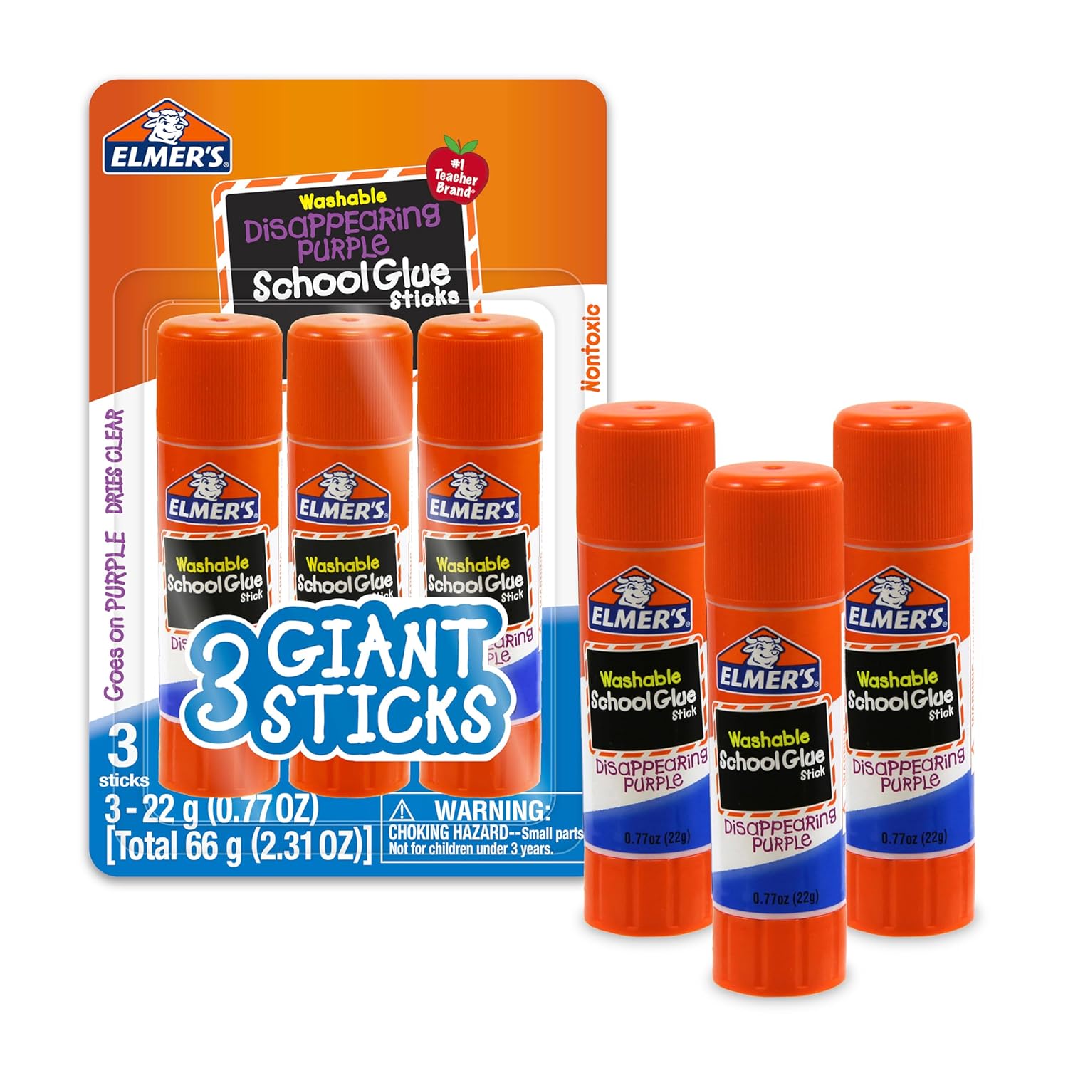 Elmer's Disappearing Purple School Glue Sticks Washable 22 Grams 3 Count