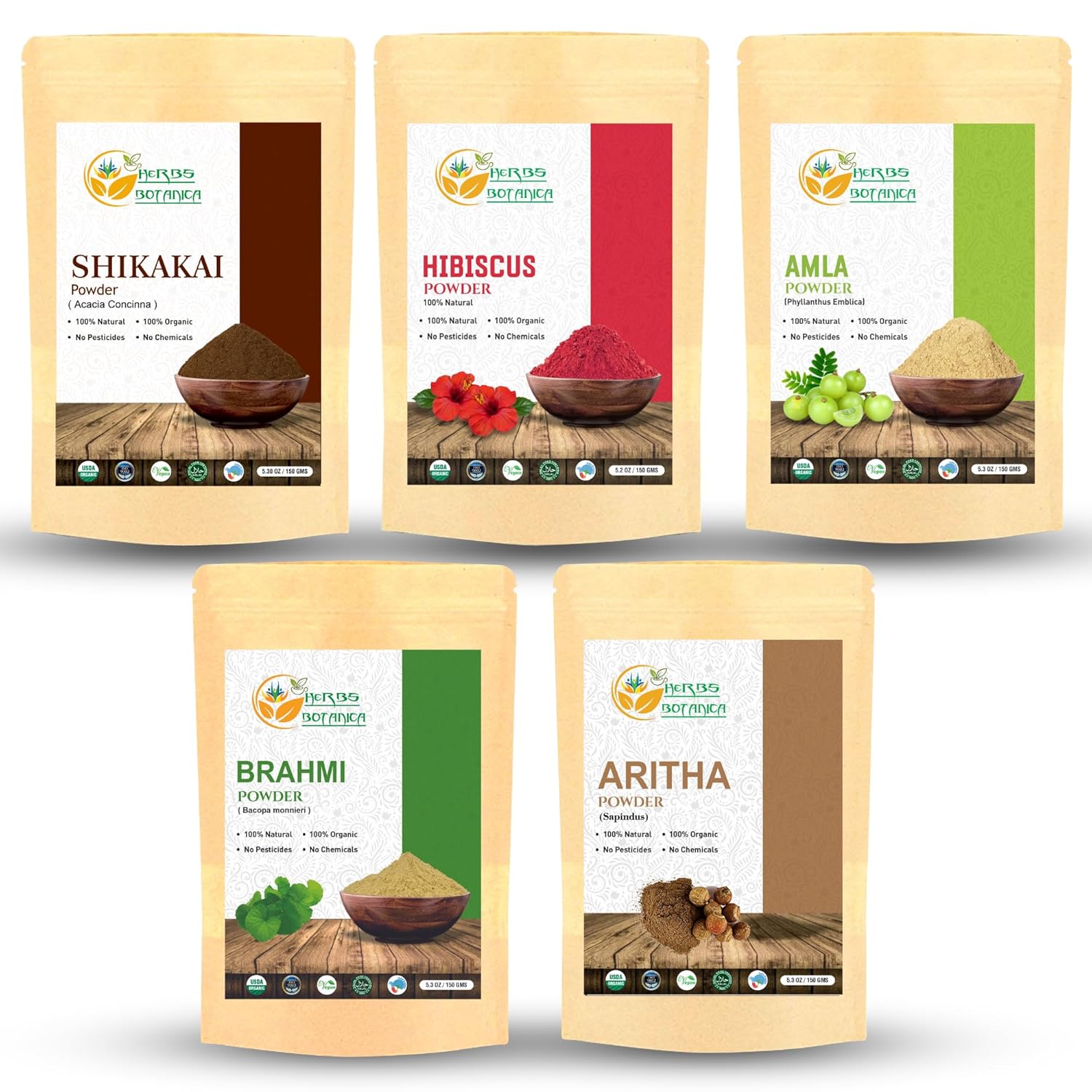 Herbal Hair Mask Combo Brahmi, Reetha (Aritha), Shikakai, Hibiscus, Amla Powder 5.3 oz Each Total 1.65lbs For Hair Growth, Scalp Health