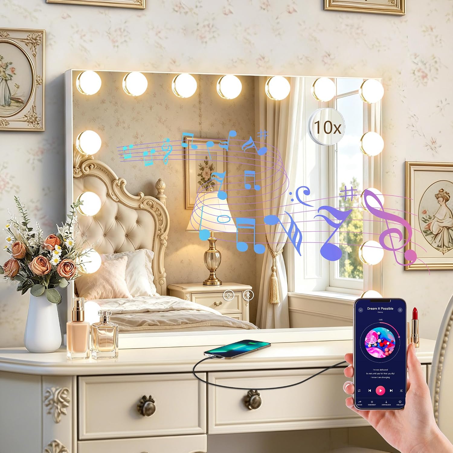 Hollywood Vanity Mirror with Lights, Bluetooth USB Charging Port