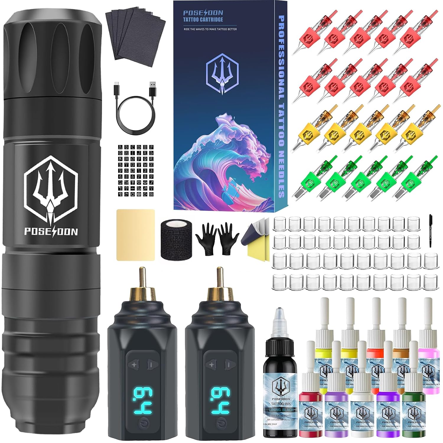 POSEIDON Wireless Tattoo Gun Kit 2PCS Battery Machine Kit for Beginners