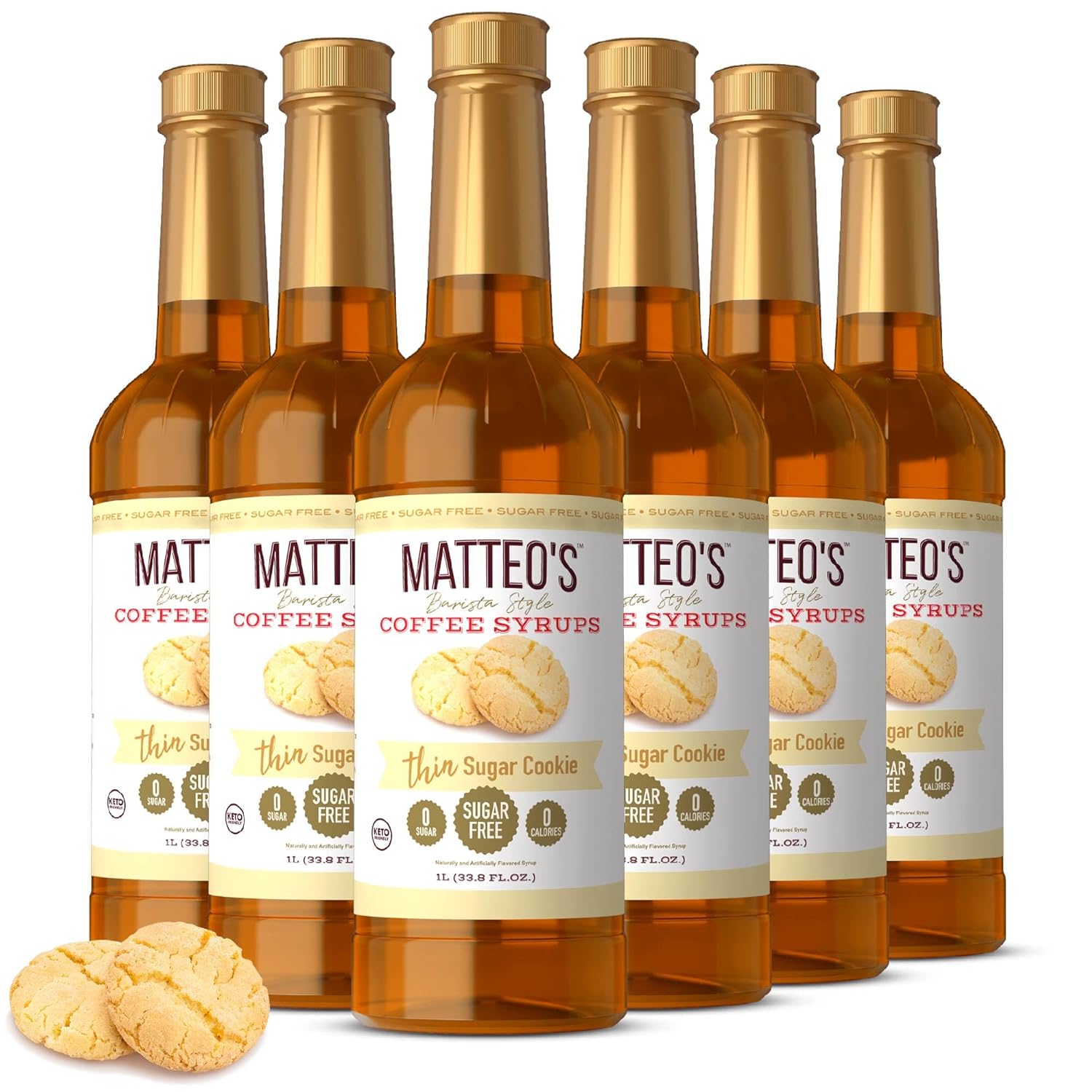 Matteo's Sugar Cookie Syrup for Coffee, Lattes, Cappuccinos & Desserts – Sugar-Free Sweetener for Beverages, Keto Friendly, Zero Calories, Indulgent Flavor, Non-Alcoholic, 33.8oz (6pk)