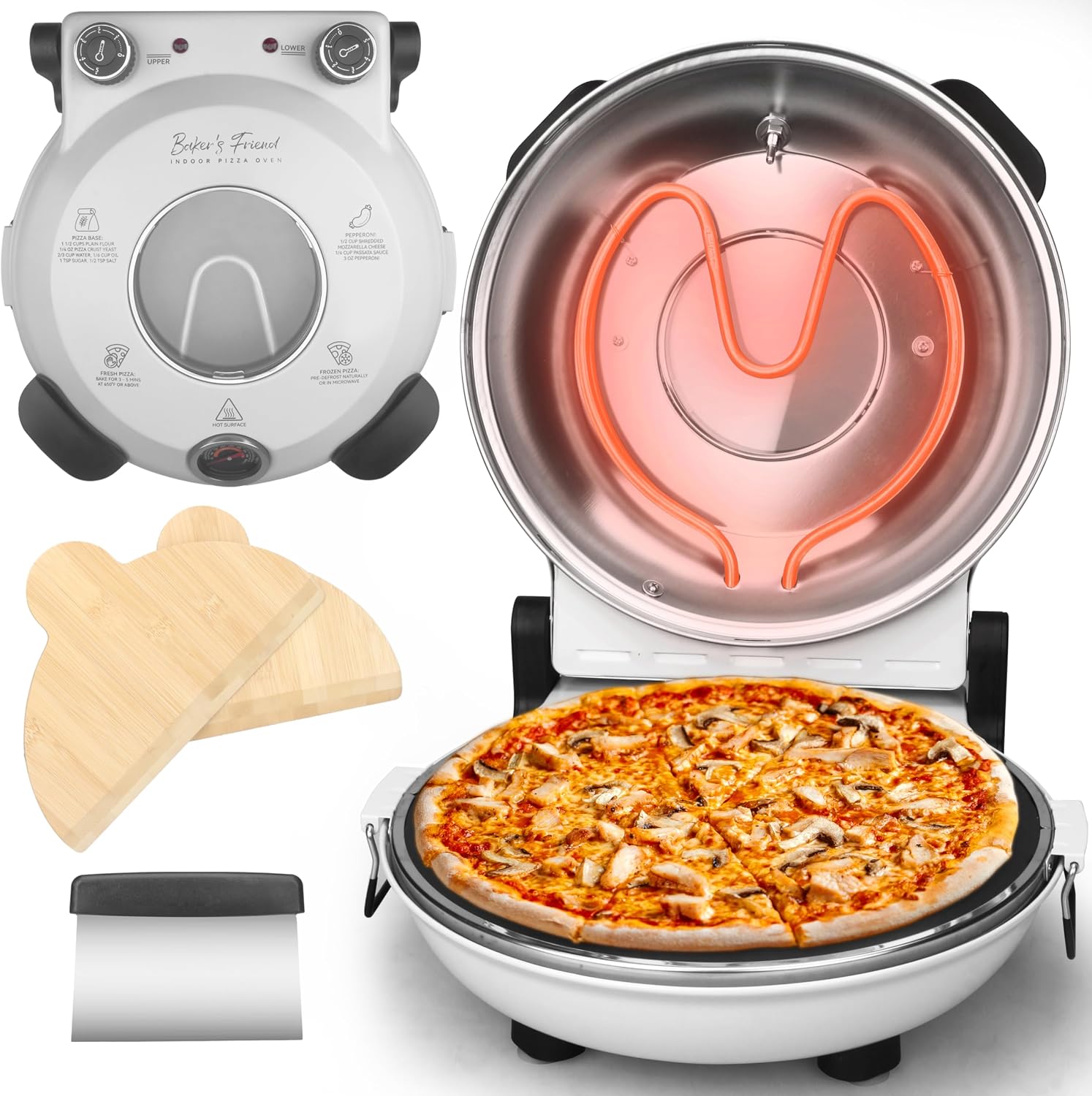 Baker's Friend Electric Pizza Oven Indoor Countertop, 12 Inch Maker Machine for Home, Cooker & Grill, Premium Glazed Ceramic Stone Oven, Creamy White