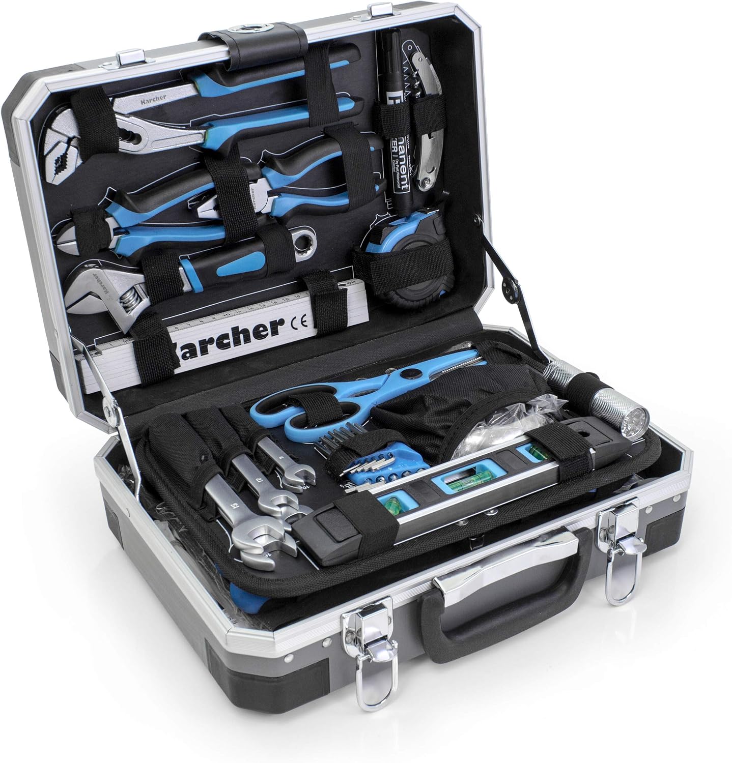KARCHER Tool Box, 114 Piece Tool Set, I Tool Set Made of Chrome Vanadium & Carbon Steel with Hammer, Screwdriver, Socket Wrench, Bit Set and More Practical case for tools.