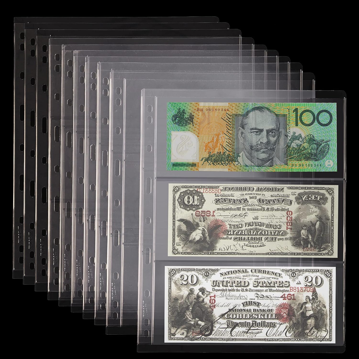 36 Pockets Currency Sleeves Banknotes Hard Pages 9-Hole Binder 12 Sheets