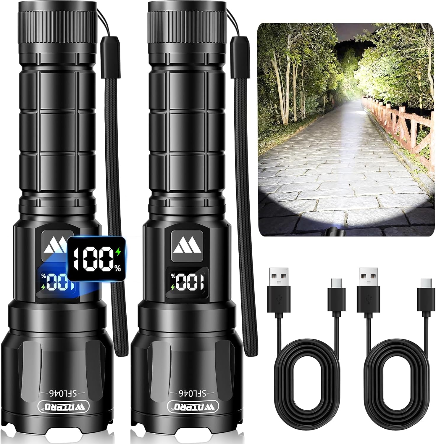 Wdtpro LED Rechargeable Flashlight 2Pack, 3Modes Super Bright High Lumens Flashlights, Zoomable Tactical Flashlight with LCD Display, IP65 Waterproof Flashlights for Home Emergency Camping & Gifts Men