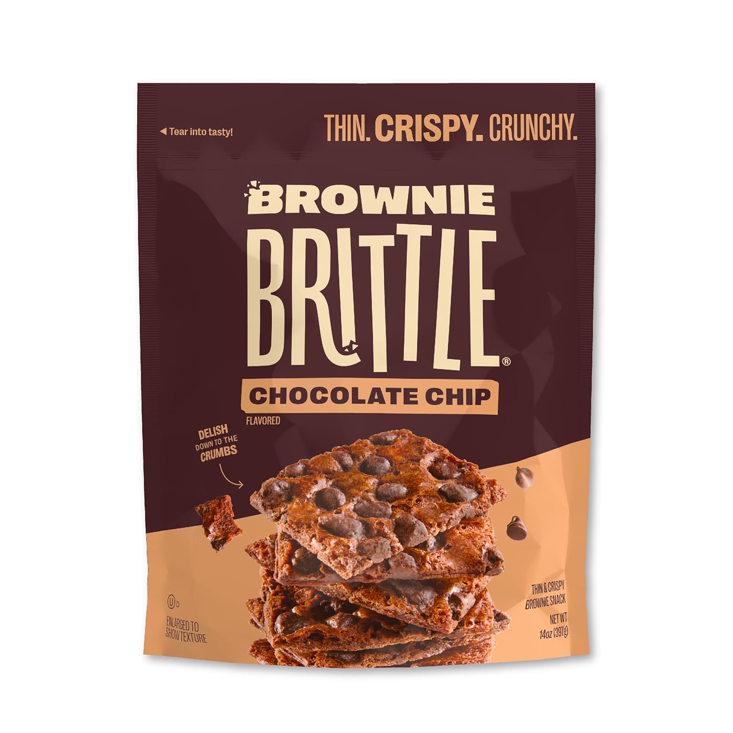 Brownie Brittle – Original Chocolate Chip Thin and Crispy Sweet Snacks, Family Size (Pack of 1, 14 oz), Rich Gourmet Brownie Bites Dessert