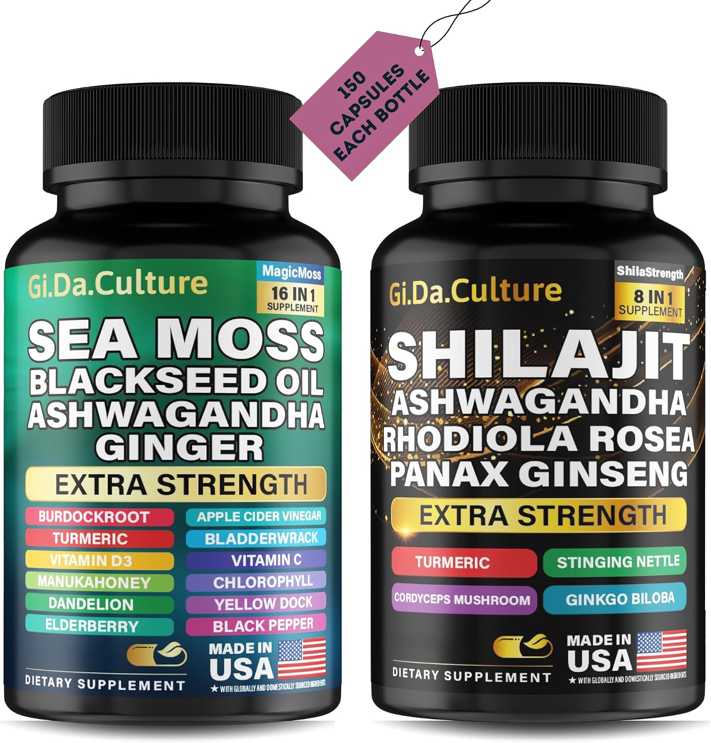 Shilajit and Sea Moss Combo - Sea Moss and Shilajit Bundle with Ashwagandha, Black Seed, Turmeric, Bladderwrack, Burdock, Black Pepper with Vitamins and Antioxidants (150)