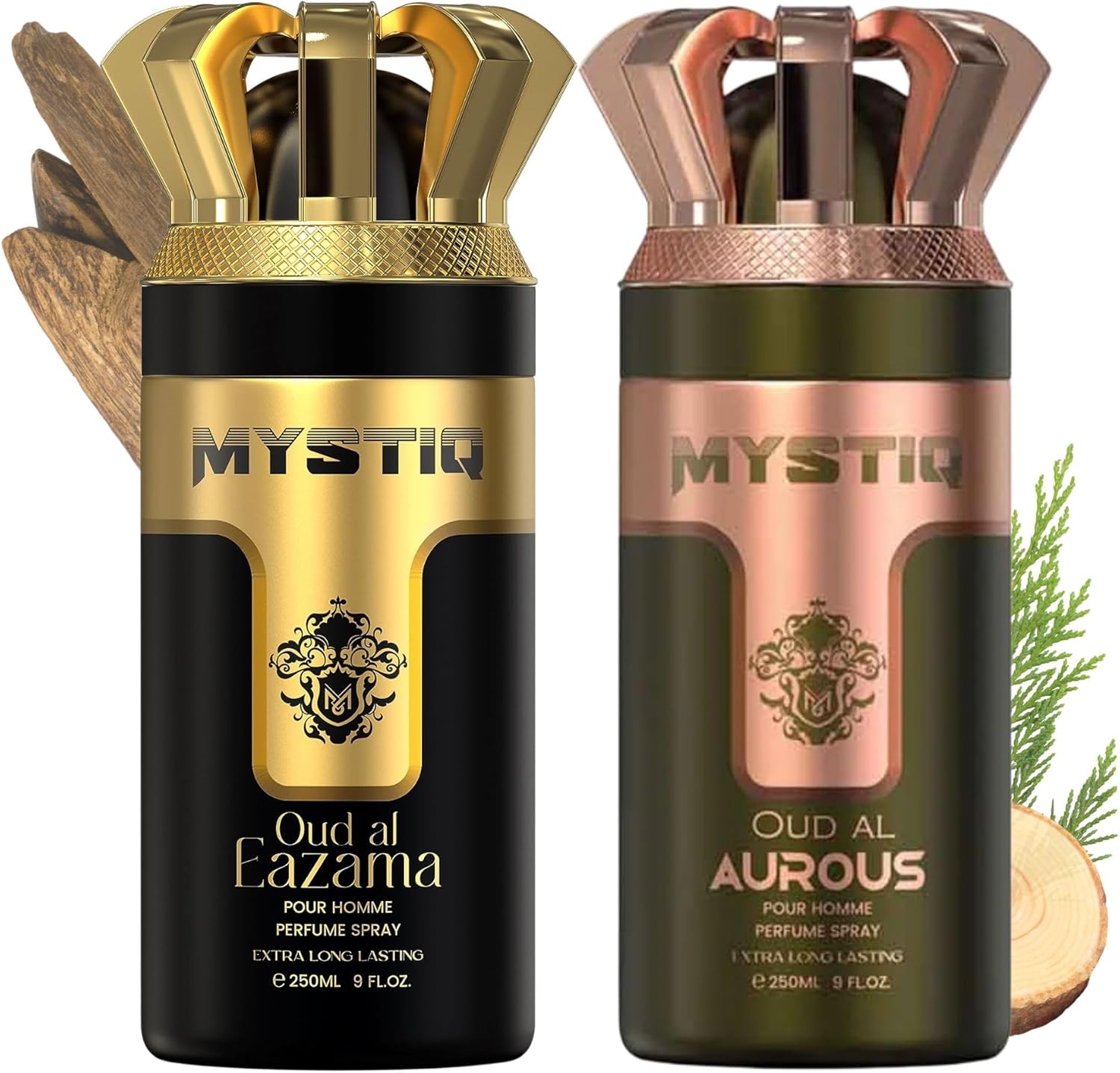 Mystiq 250ml Body Spray Deodorant - 2 Pack Extra Long Lasting Aromas Bundle - Aerosol Men and Women Gift Set - Body Mist Fragrance Set - Fresh Flora Oud Vanilla Perfume (Oud Wood)