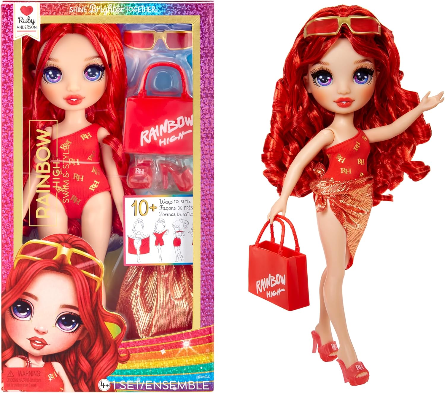 Rainbow High Swim & Style - Ruby (Red) - 28 cm Doll with Shimmery Wrap to Style 10+ Ways - Removable Swimsuit, Sandals, Fun Play Accessories - Kids Toy - Great for Ages 4-12 Years