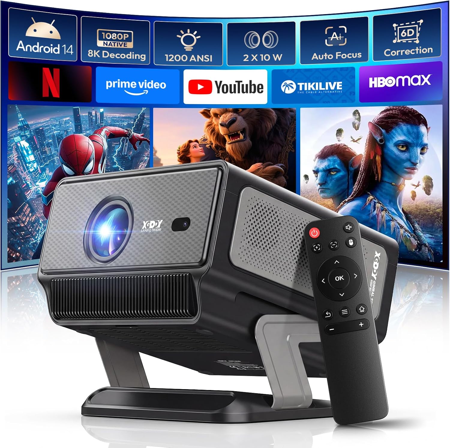 XGODY Gimbal A8 Smart Projector with Wifi and Bluetooth, Built in Apps | 1200 ANSI Native 1080P 4K Supported Auto Focus 6D Keystone Daul 20W Stereo Sound, Home Theater Projector for Bedroom/Outdoor