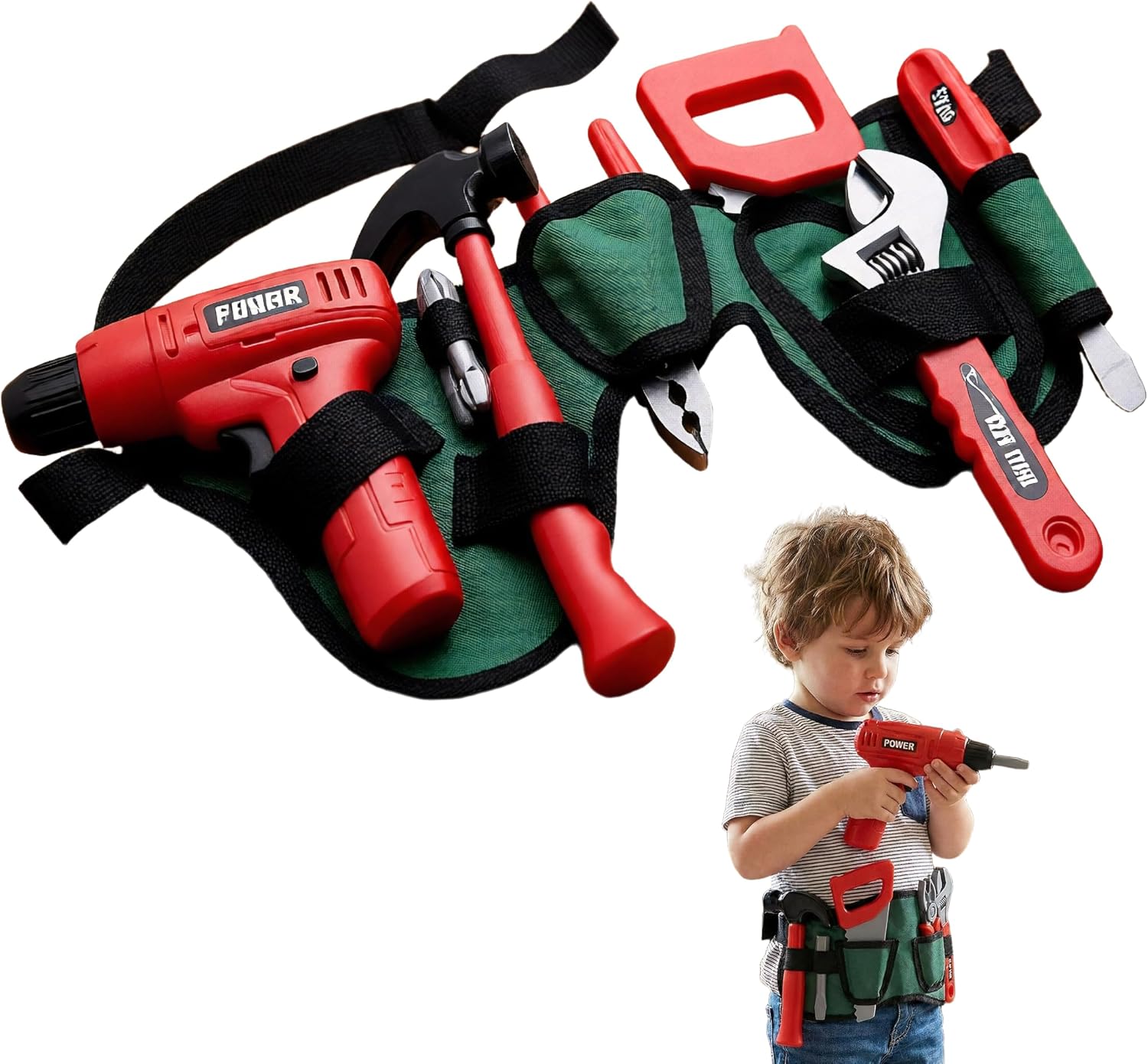 The Magic Toy Shop Kids Tool Set with Adjustable Work Belt & Working Drill - 10 Piece Construction Toy Tool Kit Including Hammer, Wrench, Pliers - DIY Building Pretend Play for Boys & Girls 3+