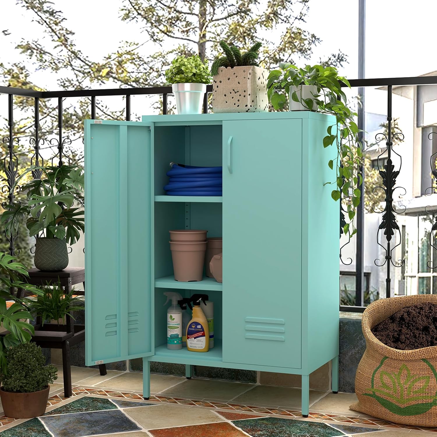 GREATMEET Metal Locker Storage Cabinet, Blue Accent Storage Cabinet, Metal Pantry Cabinet with Doors,Locker Cabinet for Living Room,Kitchen,Office