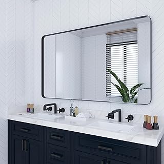 48 x 32 Inch Black Metal Framed Bathroom Mirror for Wall, Large Rounded Rectangle Matte Black Bathroom Vanity Mirror Farmhouse, 1/4-inch Shatterproof Glass | Ultra-Flush Hanging