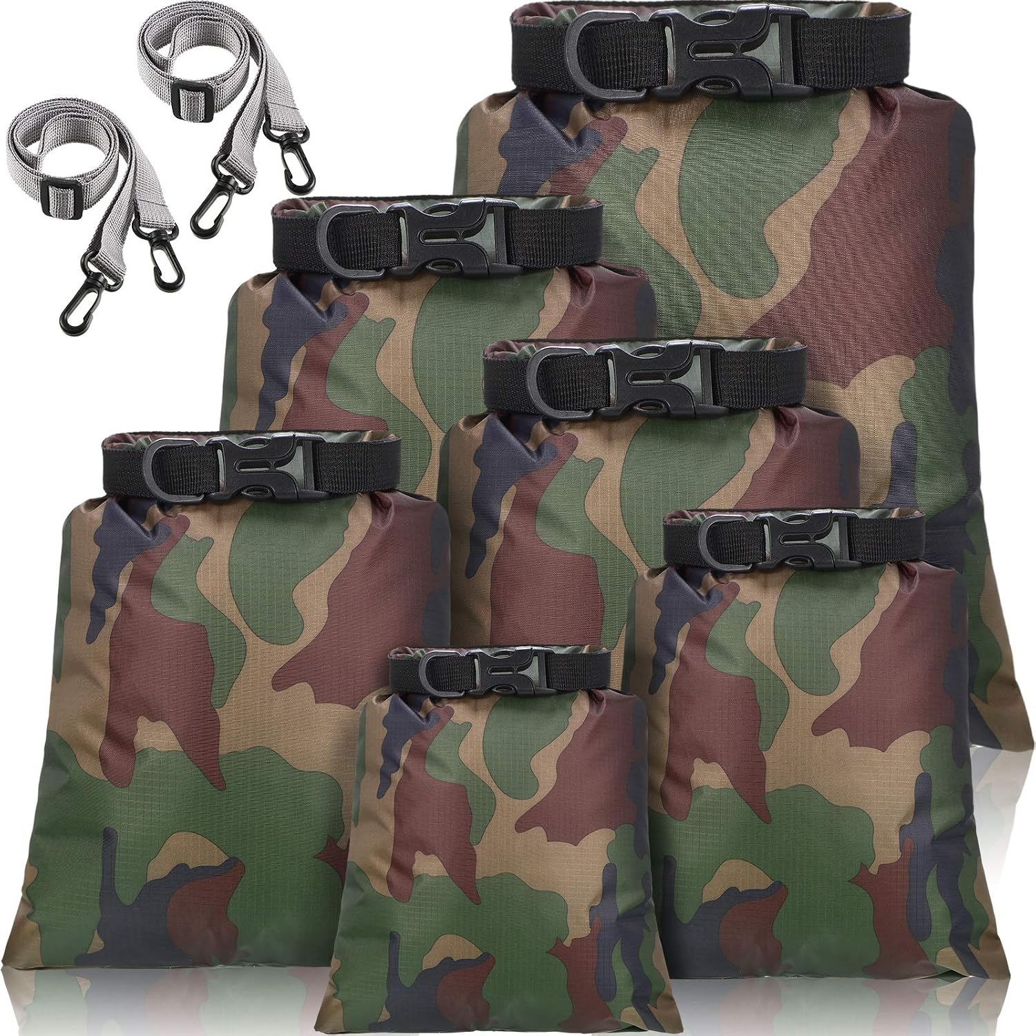 6 Pieces Waterproof Dry Bag Set Lightweight Combo Set with 15 L, 8 L, 5 L, 4 L, 3 L, 2 L Sacks and 2 Long Adjustable Shoulder Strap for Kayaking, Rafting, Boating, Hiking, Camping