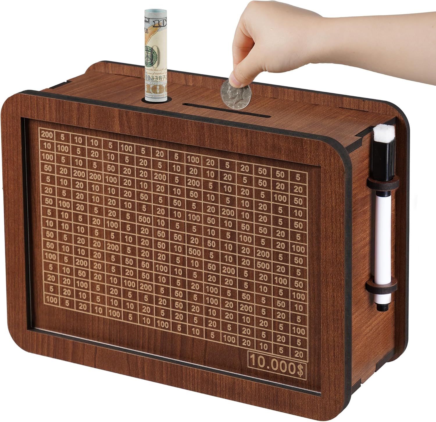 Wooden Cash Money Saving Box,Piggy Bank for Kids & Adults,10000 Savings Challenge Box,Coin Bank Toys Gift for 3-12 Year Old Boys & Girls (10000 Dollar)
