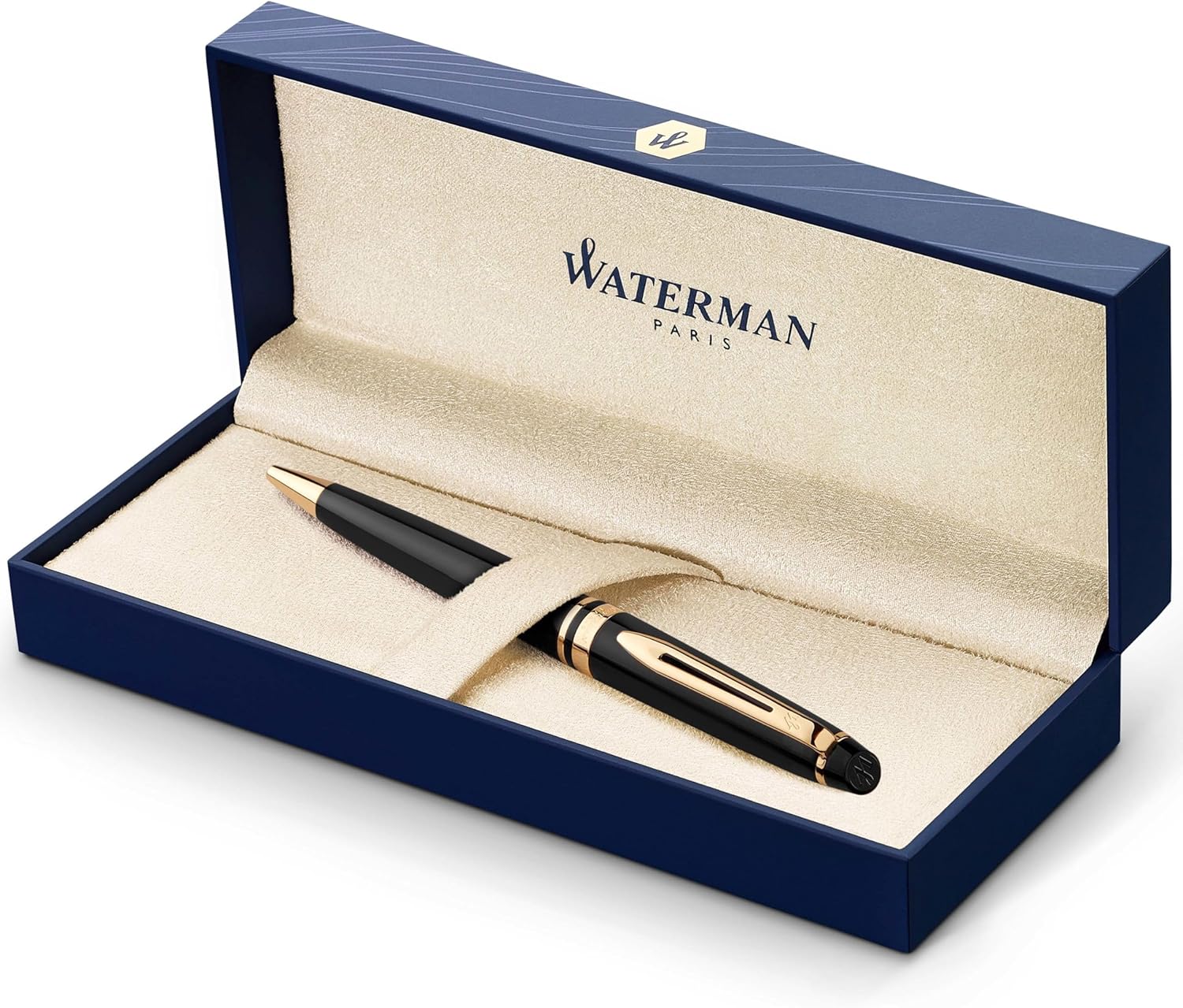 Waterman Expert Ballpoint Pen | Gloss Black with 23k Gold Trim | Medium Tip | Blue Ink | Gift Box