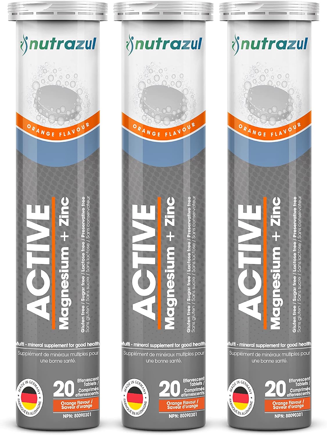 Nutrazul Active Magnesium and Zinc Effervescent Tablets | 60 Tablets | Magnesium Supplements for Muscle Recovery & Electrolyte Balance | Orange Flavor
